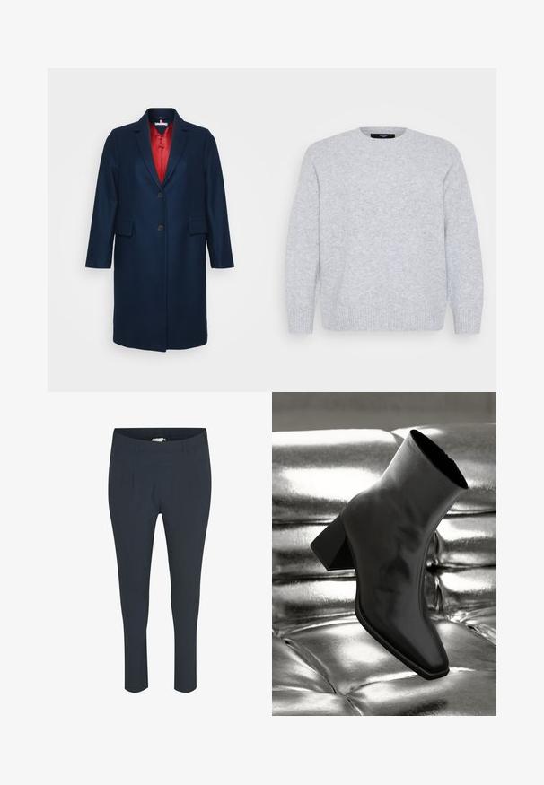 Abrigo largo azul marino con cierre de un solo botón y dos bolsillos frontales, con un forro rojo visible en el cuello y la apertura.; Vero Moda Curve Knitted VMCBOOM Knitted - Jersey de punto - light grey melange; Pantalones de color azul marino, ajustados, con una textura suave, que presentan pliegues en la parte delantera y una cinturilla elástica para mayor comodidad.; Botín negro de tobillo hecho de material brillante, con punta cuadrada y tacón cónico, contra un fondo plateado brillante con almohadillado.