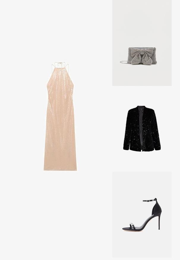 Sort langærmet pailletblazer med åben front og glat for, vist på hvid baggrund.; Lang, ærmeløs kjole i lys beige med halterneck og rygbinding. Dækket af paletter med en flydende silhuet og glat tekstur.; Sort satin højhælet sandal med en slank rem, ankelspænde og dekorativ rhinsten-detalje på tåremmen.; Glitrende grå håndtaske med en tekstureret overflade, der har en stor sløjfe-accent på forsiden og en kædrem. Kompakt rektangulær form.