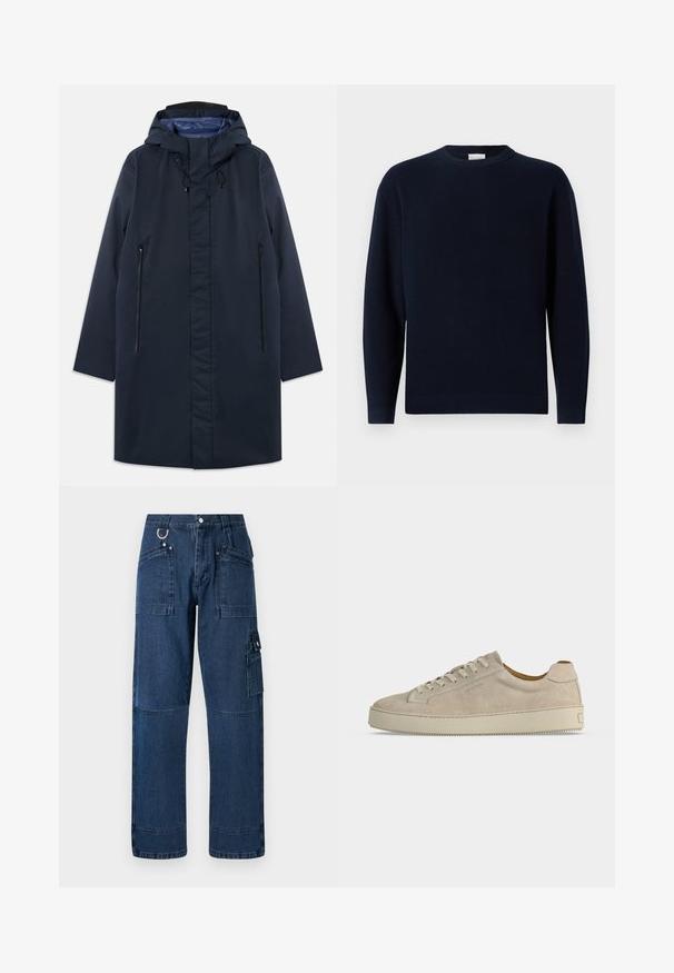 Parka imperméable marine avec capuche amovible, poches zippées à l'avant et doublure intérieure lisse. Présente une coupe droite et un design minimaliste.; Pull en tricot côtelé bleu marine avec un col rond, des manches longues et une coupe décontractée. Texture douce, design minimaliste et sans motifs visibles.; Pantalons cargo en denim bleu foncé avec une coupe droite, dotés de plusieurs poches, de quincaillerie en métal et de détails de surpiqûres contrastées.; Baskets basses beiges en daim avec fermeture lacée et semelle épaisse en caoutchouc, vues de profil sur fond blanc uni.