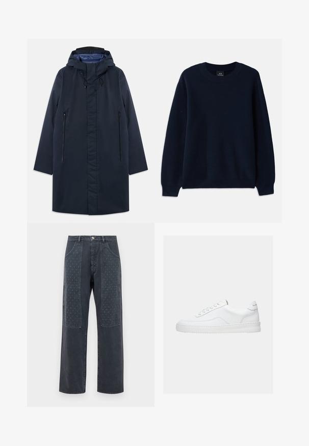 Parka imperméable marine avec capuche amovible, poches zippées à l'avant et doublure intérieure lisse. Présente une coupe droite et un design minimaliste.; Pull en maille côtelée bleu marine avec un col rond et des manches longues. Présente un motif texturé sur tout le tissu.; Jean gris foncé à coupe large, avec des patchs décoratifs à l'avant présentant un motif floral discret et des détails de poches standards.; Baskets basses blanches avec un design à lacets, dessus en cuir lisse et semelle épaisse, montrées de profil sur un fond uni.
