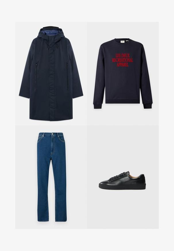 Mørkeblå vandtæt parka med en aftagelig hætte, frontzip-lommer og en glat indvendig foring. Har en lige pasform og et minimalistisk design.; Marineblå crewneck sweatshirt med rød tekst "LES DEUX RECREATIONAL APPAREL" centreret på fronten, lange ærmer og ribbet manchetter og kant.; Blå denimjeans med høj talje, lige ben, fem lomme-design og kontrasterende orange syninger. Glat tekstur.; Sorte lædersneakers med en glat overflade, rund tå og snørebåndslukning. Har en tyk gummisål og minimal branddetalje.