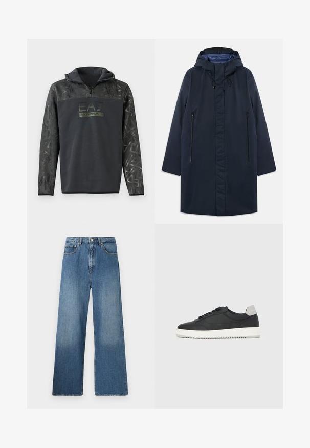 Parka impermeable azul marino con capucha desmontable, bolsillos con cremallera en la parte frontal y un forro interior suave. Presenta un corte recto y un diseño minimalista.; Sudadera negra con capucha y media cremallera, que cuenta con un patrón gráfico texturizado en las mangas y una impresión de logo en verde oscuro en el pecho.; Jeans de denim azul de pernera ancha con un diseño clásico de cinco bolsillos, cierre frontal con botón y un ligero desgastado para dar textura.; Zapatilla deportiva negra de caña baja con suela blanca y lengüeta gris en el talón, vista lateral sobre un fondo blanco liso.