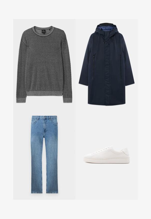 Parka impermeable azul marino con capucha desmontable, bolsillos con cremallera en la parte frontal y un forro interior suave. Presenta un corte recto y un diseño minimalista.; Suéter gris de punto con un patrón texturizado, escote redondeado y puños de canalé. Confeccionado con un material suave y ligero.; Vaqueros de mezclilla azul claro con corte recto, cinco bolsillos, cierre con cremallera y costuras en contraste. La tela tiene un acabado liso y texturizado.; Zapatilla de cuero blanca con acabado liso, puntera redonda, cordones con seis ojales y suela de goma texturizada. Diseño minimalista sin patrones.