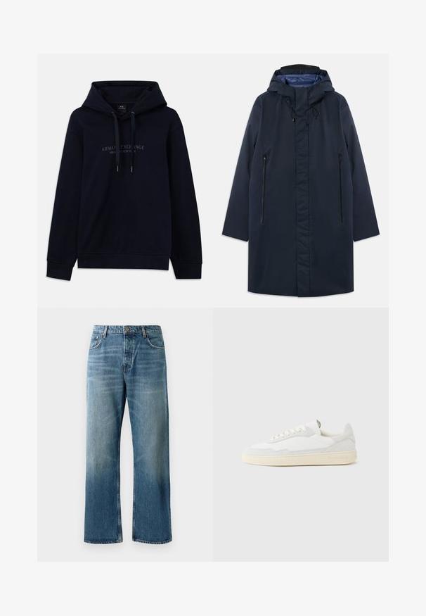 Marineblauwe waterdichte parka met een afneembare capuchon, zijzakken met rits en een gladde voering. Kenmerkt zich door een rechte snit en een minimalistisch ontwerp.; Navyblauwe hoodie met trekkoorden en "Armani Exchange Milano / New York" gedrukt op de borst, met ribgebreide boorden en onderkant.; Lichtblauwe wijde jeans met een vervaagde wassing, voorzien van een enkele knoopsluiting, vijf zakken en contrasterende stiksels.; Witte sneaker met een bovenwerk van gestructureerd suède en leer. Voorzien van een afgeronde neus, vetersluiting en een contrasterende beige rubberen zool.