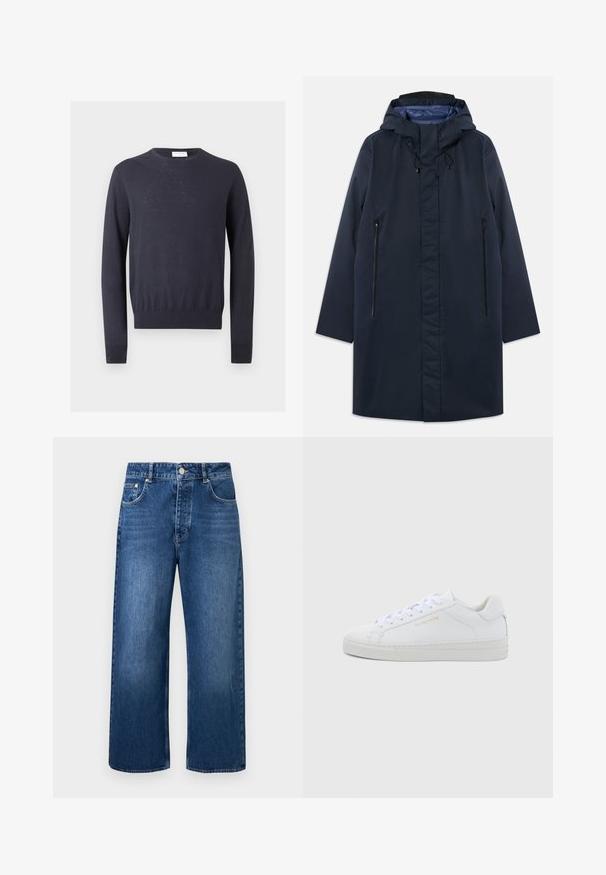 Parka imperméable marine avec capuche amovible, poches zippées à l'avant et doublure intérieure lisse. Présente une coupe droite et un design minimaliste.; Pull bleu marine à manches longues avec col rond et bords-côtes aux poignets et à l'ourlet sur un fond uni clair.; Jean denim bleu à jambes larges, taille haute, fermeture à boutons et poches avant sur un fond clair uni.; Baskets basses en cuir blanc avec bout rond, lacets plats, semelle texturée et logo discret doré sur le côté. Surface lisse et design minimaliste.