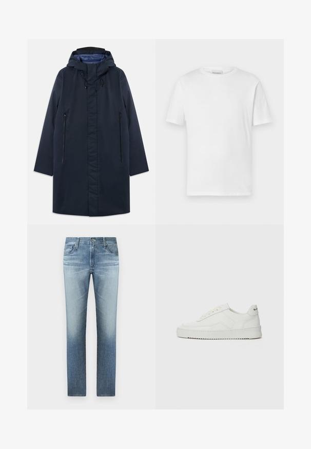 Parka impermeable azul marino con capucha desmontable, bolsillos con cremallera en la parte frontal y un forro interior suave. Presenta un corte recto y un diseño minimalista.; Camiseta blanca de manga corta hecha de algodón. Presenta un escote redondo y un dobladillo recto. Sin patrones ni adornos. Diseño simple.; Vaqueros de mezclilla azul claro con un diseño de pierna recta, que cuentan con un lavado desgastado, cinco bolsillos y un cierre de cremallera con botón de metal.; Zapatilla de cuero blanca con un acabado suave, puntera redonda, cordones planos y suela texturizada. Cuenta con un sutil logo en el talón.