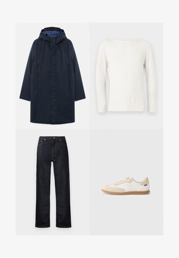 Mørkeblå vandtæt parka med en aftagelig hætte, frontzip-lommer og en glat indvendig foring. Har en lige pasform og et minimalistisk design.; Langærmet hvid ribstrikket sweater med rund halsudskæring, vist fladt mod en lys grå baggrund.; Mørkeblå denim jeans med lige ben-design, fem lommer og orange stikninger. Metalknap og lynlåslukning.; Hvid sneaker med lysebeige ruskindsdetaljer, perforeret detaljering, flade snørebånd og sål i gummigummi. Indeholder stribet branding på hælen.