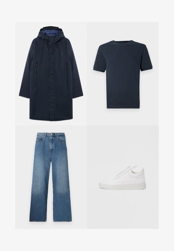 Mørkeblå vandtæt parka med en aftagelig hætte, frontzip-lommer og en glat indvendig foring. Har en lige pasform og et minimalistisk design.; Mørkeblå bomulds t-shirt med korte ærmer, rund hals og et lille tekstureret logo på venstre brystområde. Glat stoffinish.; Bredde ben blå denim jeans med et klassisk fem-lomme design, frontlukning med knap og let falming for tekstur.; Hvid lædersneaker med rundet tå, flad sål og snørebånd foran. Har syningsdetaljer og polstret krave for komfort.