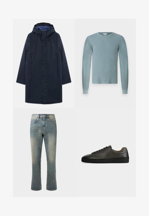 Marineblauwe waterdichte parka met een afneembare capuchon, zijzakken met rits en een gladde voering. Kenmerkt zich door een rechte snit en een minimalistisch ontwerp.; Lichtblauw langemouwen shirt met een ribbeltextuur en een ronde halslijn. Heeft fitted manchetten en een eenvoudig merketiket op de kraag.; Lichtblauwe spijkerbroek met een rechte pijp, middelhoge taille en subtiele vervaging. Beschikt over klassieke zakstyling en contraststiksel.; Donkergrijze leren lage sneaker met zwarte veters en zool, minimalistisch ontwerp, zijaanzicht op een effen lichte achtergrond.