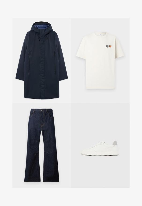 Marineblauer wasserdichter Parka mit abnehmbarem Kapuzenkragen, Vorderreißverschlusstaschen und glattem Innenfutter. Verfügt über einen geraden Schnitt und ein minimalistisches Design.; Off-weißes kurzärmeliges T-Shirt mit rundem Halsausschnitt und kleinen, bestickten grauen Wolf- und orangefarbenen Fuchsköpfen auf der linken Brust.; Dunkelblaue Denim-Jeans mit weiter Hose, gelben Nähten, fünf Taschen und einem Reißverschluss. Enthält horizontale Nähte über den Knien.; Weißer Sneaker mit niedrigem Schaft, grauem Fersenlaschen, weißen Schnürsenkeln und einer strukturierten Sohle, dargestellt vor einem schlichten hellen Hintergrund.