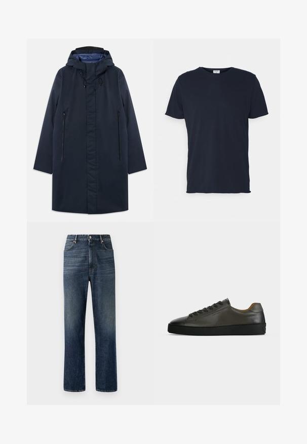 Marineblauer wasserdichter Parka mit abnehmbarem Kapuzenkragen, Vorderreißverschlusstaschen und glattem Innenfutter. Verfügt über einen geraden Schnitt und ein minimalistisches Design.; Marineblaue Baumwoll-T-Shirt mit Rundhalsausschnitt und kurzen Ärmeln, mit einer glatten Oberfläche und einfachem Design, ohne sichtbare Muster oder Akzente.; Dunkelblaue Denim-Jeans mit geradem Bein, sichtbaren Nähten, Five-Pocket-Design und silberner Knopfverschluss an der Taille.; Niedriger dunkelgrauer Ledersneaker mit schwarzen Schnürsenkeln und Sohle, minimalistisches Design, Seitenprofil vor einem schlichten hellen Hintergrund.