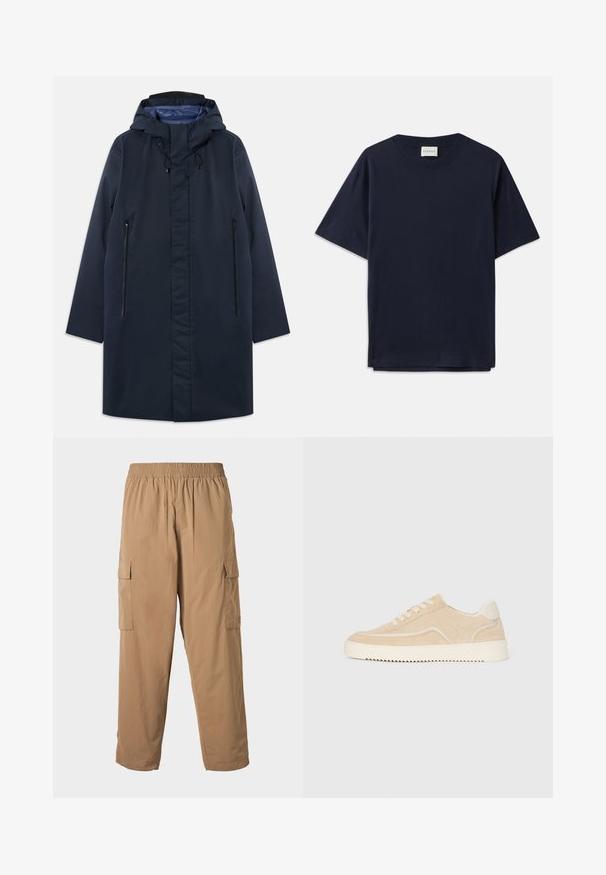 Parka imperméable marine avec capuche amovible, poches zippées à l'avant et doublure intérieure lisse. Présente une coupe droite et un design minimaliste.; T-shirt en coton bleu marine à manches courtes, col rond et coupe décontractée. L'étiquette indique "CLOSED" au niveau du col. Texture lisse.; Pantalons cargo beiges avec une taille élastique, dotés de plusieurs poches latérales et d'une texture légère et lisse. Design à jambe droite.; Baskets en daim beige avec semelle et lacets blancs, design basse, et motif de semelle en zigzag.