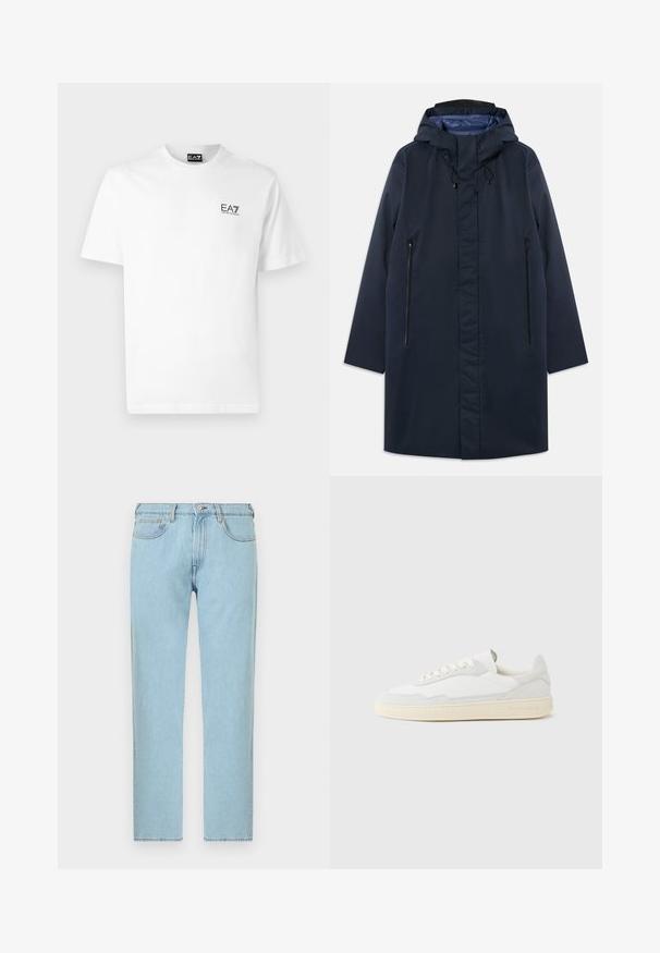 Marineblauwe waterdichte parka met een afneembare capuchon, zijzakken met rits en een gladde voering. Kenmerkt zich door een rechte snit en een minimalistisch ontwerp.; Witte katoenen t-shirt met een ronde halslijn, korte mouwen en een zwart EA7-logo op de linkerborst. Gladde, effen textuur.; Lichtblauwe recht taps toelopende spijkerbroek met knoop- en ritssluiting aan de voorkant, voor- en achterzakken, tentoongesteld op witte achtergrond.; Witte sneaker met een bovenwerk van gestructureerd suède en leer. Voorzien van een afgeronde neus, vetersluiting en een contrasterende beige rubberen zool.