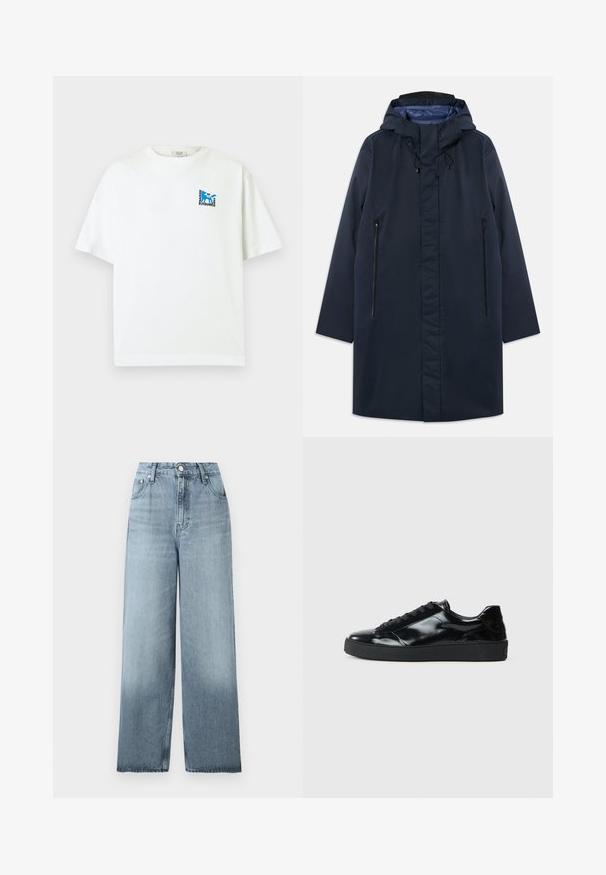 Parka imperméable marine avec capuche amovible, poches zippées à l'avant et doublure intérieure lisse. Présente une coupe droite et un design minimaliste.; T-shirt blanc à manches courtes avec petit logo renard bleu et texte « Maison Kitsuné 2062 Paris » sur le haut gauche de la poitrine.; Jean bleu clair taille haute, jambes larges, avec fermeture à boutons et fermeture éclair, poches avant et passants pour ceinture sur un fond uni.; Baskets en cuir verni noir avec un bout arrondi, un laçage, une semelle en caoutchouc texturé et une finition lisse.
