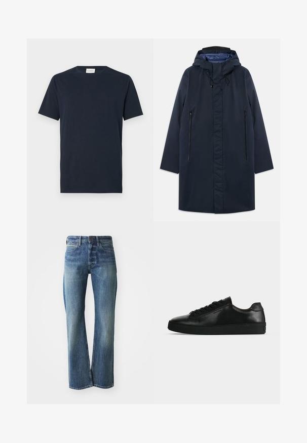 Marineblauer wasserdichter Parka mit abnehmbarem Kapuzenkragen, Vorderreißverschlusstaschen und glattem Innenfutter. Verfügt über einen geraden Schnitt und ein minimalistisches Design.; Navyblaue T-Shirt mit kurzen Ärmeln aus weicher Baumwolle. Verfügt über einen Rundhalsausschnitt und ein einfaches, klares Design ohne Muster oder Akzente.; Jeans aus Denim in einem hellen bis mittleren Blauton, mit geradem Schnitt, klassischem Fünf-Taschen-Design und subtiler Ausbleichung auf der Vorderseite.; Schwarzer niedriger Ledersneaker mit schwarzen Schnürsenkeln und dicker schwarzer Sohle, von der Seite auf hellgrauem Hintergrund gezeigt.