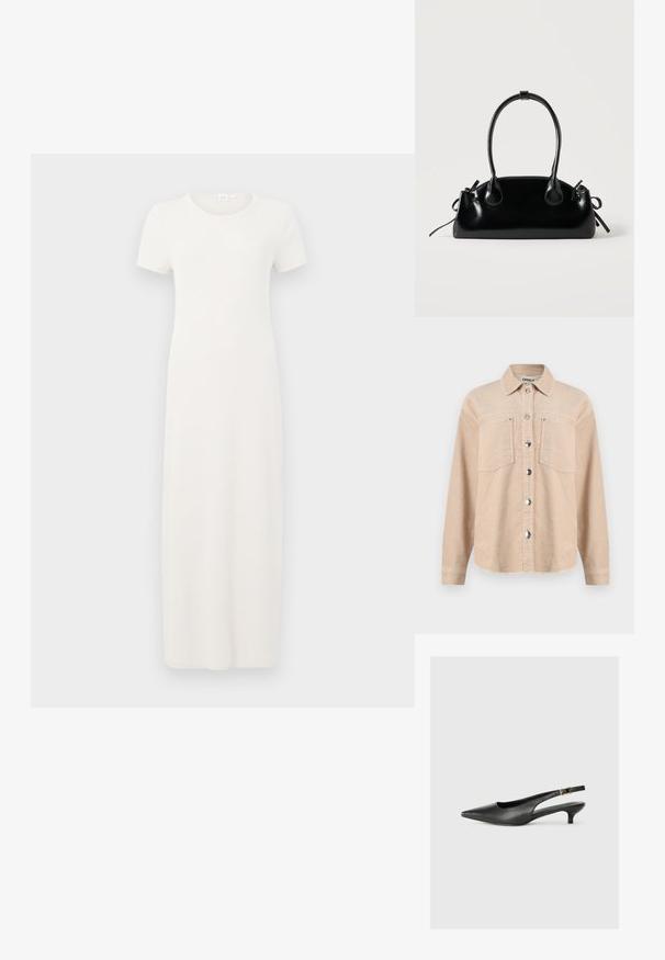 Chaqueta beige de pana con botones, dos bolsillos en el pecho, cuello clásico, mangas largas y botones de presión metálicos en la parte delantera.; Vestido beige de manga corta hasta la rodilla, hecho de tela de algodón suave. Cuenta con un escote redondo y una silueta simple y recta.; Zapato de tacón slingback negro de punta afilada, hecho de cuero suave. Presenta un tacón delgado y un detalle de hebilla en la correa ajustable.; Pequeño bolso negro brillante con dos asas largas y detalles de cordón lateral sobre un fondo claro liso.