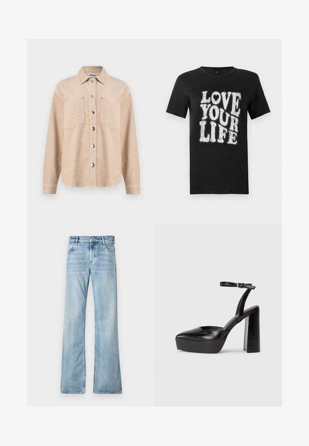 Beige kordfløjlsjakke med knapper, to brystlommer og klassisk krave, lange ærmer og metaltrykknapper foran.; Sort bomulds-T-shirt med hvid tekst, der lyder "LOVE YOUR LIFE." Designet inkluderer dekorative prikker og en hjerteaccent. Korte ærmer.; Lyseblå flagrende jeans lavet af denim, med fem lommer, knaplukning og let blødgøring for en slidt effekt.; Sorte platformhæle med spidse tæer og justerbar ankelrem. Construeret i glat læder, med en kraftig blokhæl.