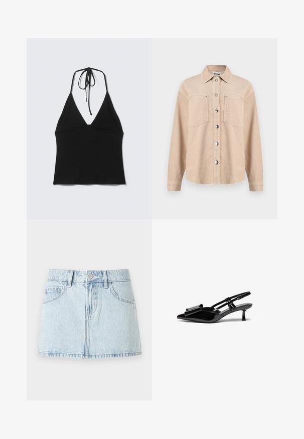 Veste beige en velours côtelé à boutons, avec deux poches poitrine, un col classique, des manches longues et des boutons-pression en métal à l'avant.; Haut court noir sans manches avec col halter et fines bretelles nouées à l'arrière du cou sur un fond clair uni.; Mini-jupe en denim bleu clair avec boutons sur le devant, passants de ceinture et poches avant, présentée sur un fond blanc.; Talons aiguilles en cuir verni noir avec un bout pointu, un détail en nœud à l'avant et un petit talon stiletto. Les brides sont équipées de boucles ajustables.