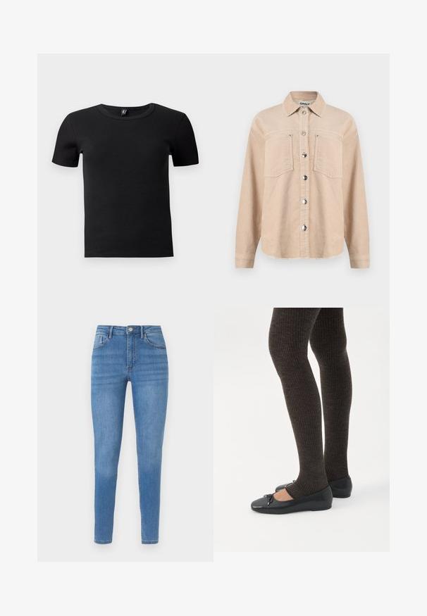 Veste beige en velours côtelé à boutons, avec deux poches poitrine, un col classique, des manches longues et des boutons-pression en métal à l'avant.; T-shirt noir à manches courtes en tissu côtelé. Doté d'un col rond classique et d'une silhouette ajustée. Sans accents supplémentaires.; Jean skinny bleu clair taille haute avec cinq poches, fermeture à boutons et légère décoloration sur les cuisses et les genoux.; Jambes portant des leggings côtelés foncés associés à des ballerines noires avec de petits détails en nœud sur fond blanc.