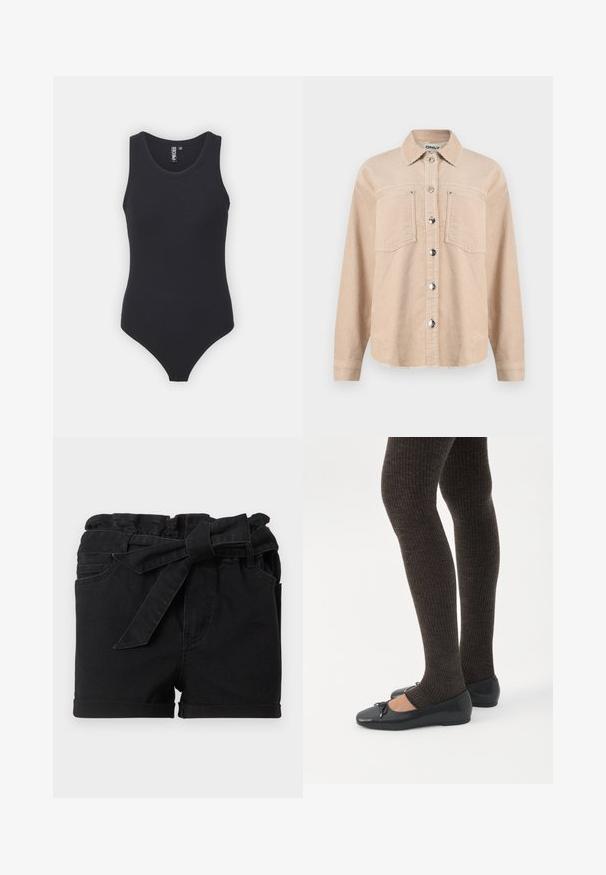 Veste beige en velours côtelé à boutons, avec deux poches poitrine, un col classique, des manches longues et des boutons-pression en métal à l'avant.; Bodysuit noir à côtes avec un col rond et un design sans manches, de forme ajustée et avec une ouverture de jambe haute.; Short en denim noir avec un ourlet retroussé et une ceinture en tissu assorti nouée en un nœud à la taille froncée.; Jambes portant des leggings côtelés foncés associés à des ballerines noires avec de petits détails en nœud sur fond blanc.