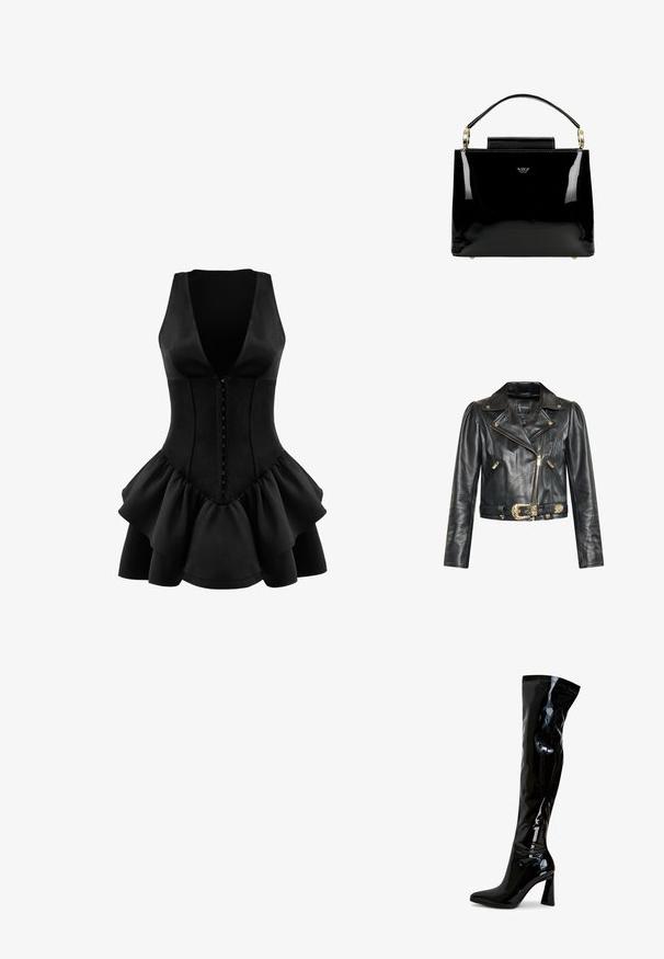 Zwarte leren kortjack met goudkleurige accessoires, een ceintuur in de taille, schuine zakken en een reverskraag met een ritsluiting.; OW Collection AUGUSTA - Jerseyjurk - black; Zwarte laarzen van lakleer die tot over de knie reiken, met een puntige neus, een blokhak en een glad, glanzend oppervlak. Zonder zichtbare hardware.; Zwarte gepatenteerde leren handtas met een gestructureerd ontwerp, voorzien van een bovenhandvat, gouden hardwareaccenten en een kleine klep aan de voorkant.
