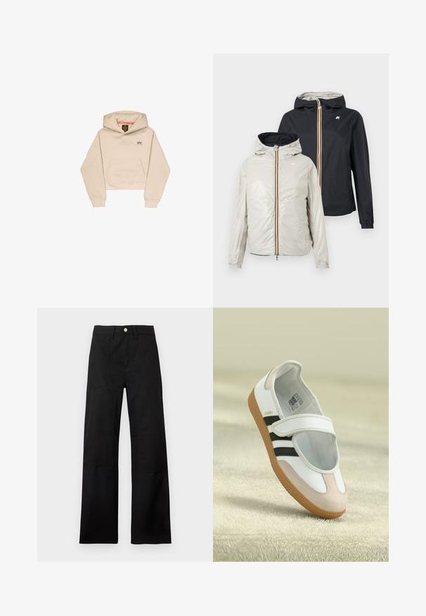 To letvægts hættetrøjer med lynlåse foran, en i lysebeige og en i sort, vist mod en ensfarvet baggrund.; Afskåret beige hætte sweatshirt lavet af blødt stof, med en frontlomme, hætte og lille logo på brystet. Glat tekstur og afslappet pasform.; Sorte bukser med høj talje og vide ben, udstyret med bæltestropper, en sølvfarvet knaplukning og synlige syningsdetaljer på frontpanelerne.; Hvid sko med en lyserød ruskindforfod, sorte striber og en velcrorem. Har en lys gummi sål og et logo på siden.