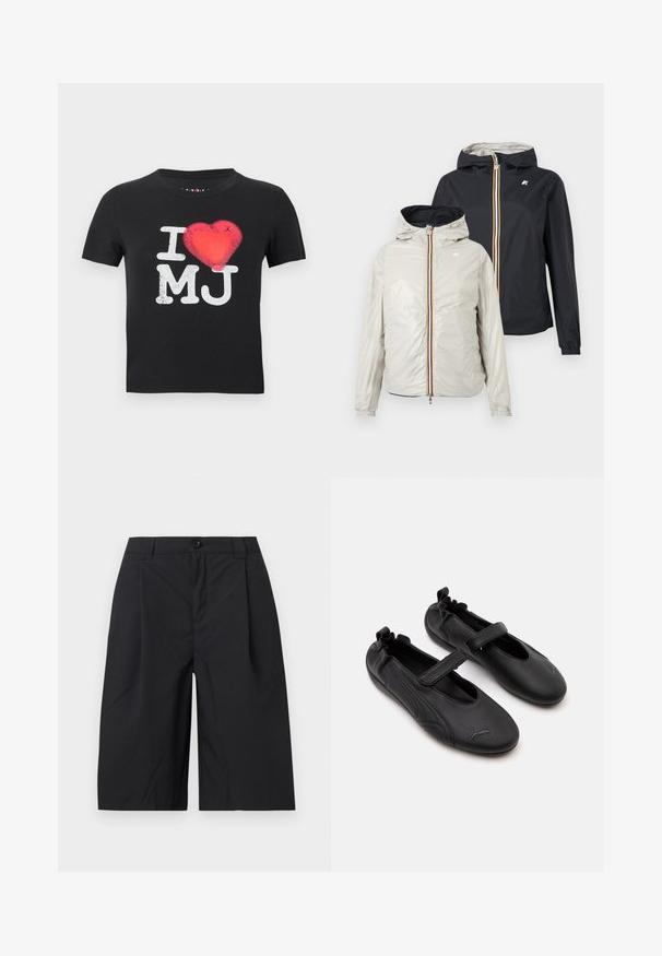 Deux vestes légères à capuche avec fermetures éclair à l'avant, une en beige clair et une en noir, présentées sur un fond uni.; T-shirt noir à manches courtes avec le texte blanc "I MJ" et un graphique de cœur rouge remplaçant le mot "love" au centre.; Shorts noirs longueur genou avec fermeture à bouton et passants de ceinture, en tissu lisse, présentés sur un fond clair uni.; Paire de chaussures en cuir noir style Mary Jane avec arrière élastiqué et bride velcro, avec un logo Puma discret sur chaque orteil.