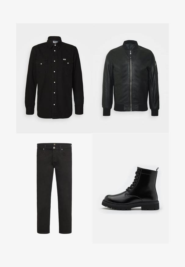 Schwarze Leder-Bomberjacke mit einem vorderen Reißverschluss, gerippten Bündchen und Kragen. Verfügt über eine Seitentasche mit Reißverschluss. Glatte Textur.; Schwarzes Button-Up-Hemd mit spitzem Kragen, zwei Brusttaschen, weißen Druckknöpfen und strukturiertem Stoff. Wrangler-Logo auf der linken Brust.; Schwarze gerade geschnittene Jeans mit Knopf- und Reißverschluss, Vorder- und Gesäßtaschen sowie Gürtelschlaufen von der Marke Lee.; Schwarze Leder-Stiefelette mit runder Zehenform, Schnürdesign, strukturiertem Außensohle und einer Schlaufe an der Rückseite für einfaches Anziehen.
