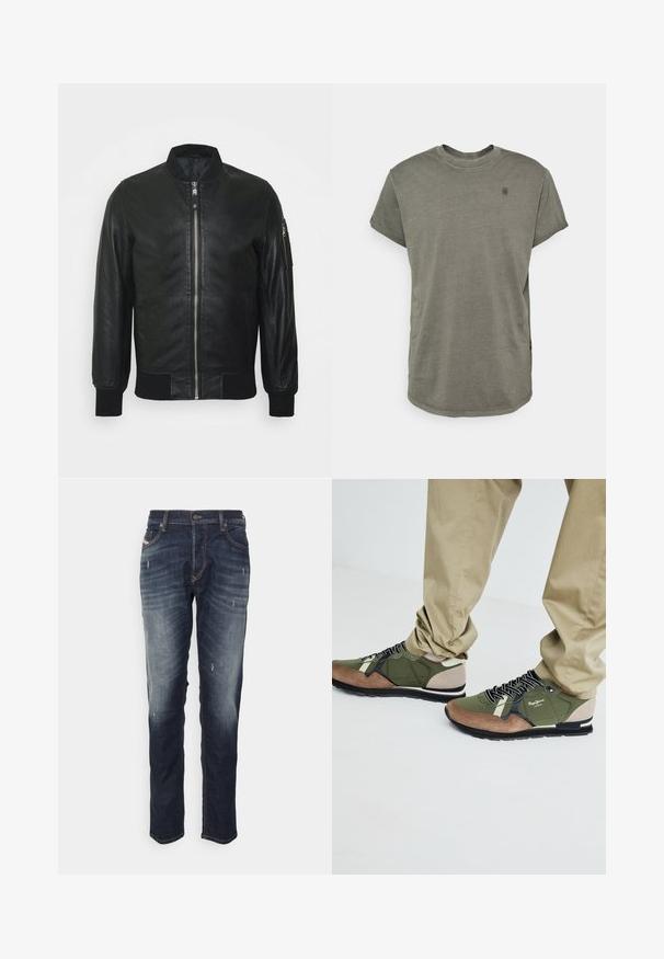 Schwarze Leder-Bomberjacke mit einem vorderen Reißverschluss, gerippten Bündchen und Kragen. Verfügt über eine Seitentasche mit Reißverschluss. Glatte Textur.; G-STAR LASH - T-Shirt basic - GREY; Dunkelblaue Jeans aus Denim mit leichtem Verblassen, Wischeffekten und abgenutzten Details. Klassisches Fünf-Taschen-Design mit Knopfverschluss.; Grüne und braune Sportschuhe aus Wildleder und Nylon, mit schwarzen Schnürsenkeln, einem gemusterten Design und einer Gummisohle.
