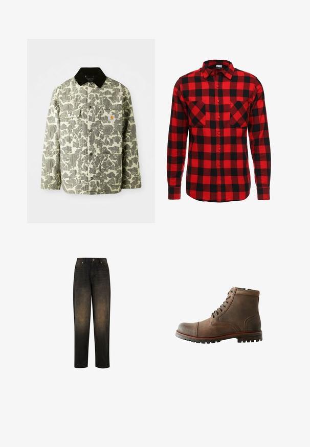 Camo-mønsteret jakke i grøn og grå stof med en sort kordfløjlskrave, som har to frontlommer og et logo-patch på brystet.; Rød og sort ternet flannel skjorte med knaplukning foran, lange ærmer og to brystlommer. Struktureret stof med ternet mønster.; Mørk denim jeans med en let falmet finish, der har lige ben, fem lomme-design og metalknap lukning.; Brun læder ankelstøvle med rundt tåafsnit, polstret krave, seks snørehuller og tekstureret gummisål. Stitch-inspirerede detaljer på siderne.