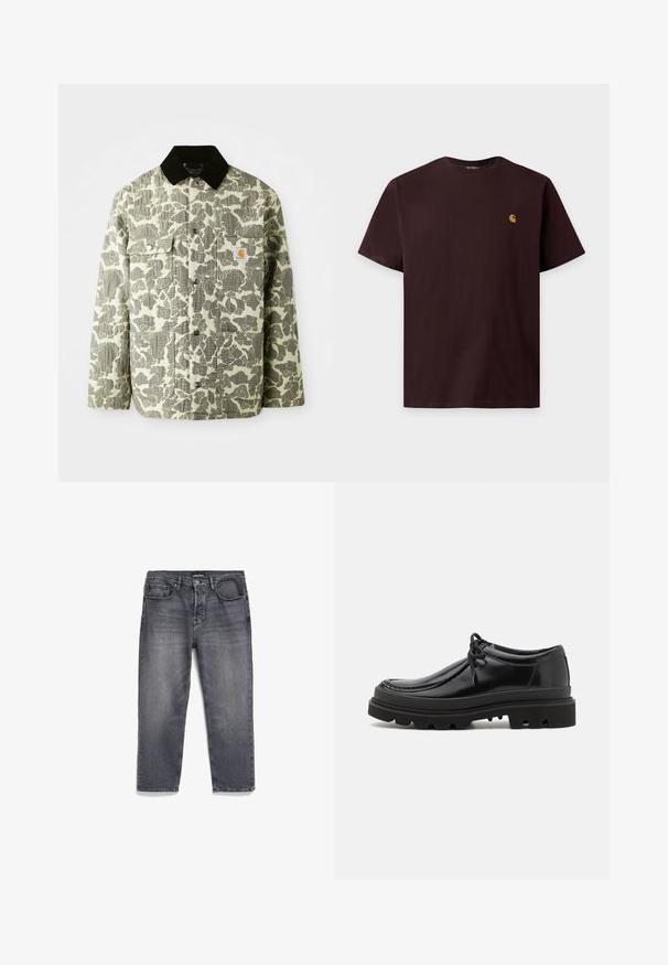 Camo-patroon jas in groen en grijze stof met een zwarte corduroy kraag, voorzien van twee voorzakken en een logo patch op de borst.; Donkerbruine T-shirt met korte mouwen en ronde hals met een klein geel logo op de linkerborst tegen een effen lichte achtergrond.; Grijze denim jeans met een vervaagde afwerking, met een rechte snit, vijf zakken ontwerp en een licht versleten uitstraling.; Zwarte leren derby schoenen met een strak ontwerp, ronde neus en een getextureerde rubberen zool met diepe groeven voor grip.