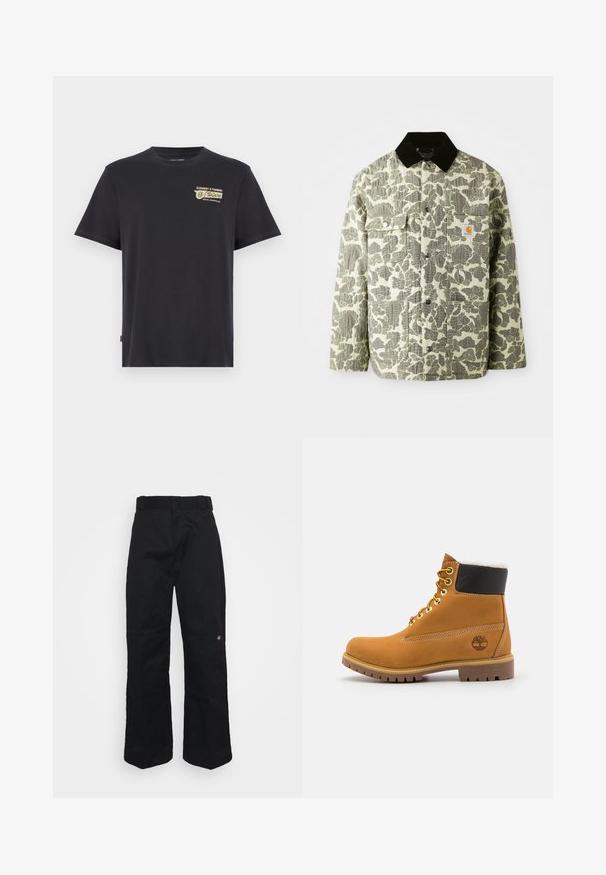 Camo-patroon jas in groen en grijze stof met een zwarte corduroy kraag, voorzien van twee voorzakken en een logo patch op de borst.; Zwarte katoenen t-shirt met een ronde hals en korte mouwen, voorzien van een gouden grafische print op de linkerborst met de tekst "ELEMENT X TIMBER".; Zwarte broek gemaakt van stevig stof, met een rechte pijpvorm, riemlussen en een klein logo aan de onderzijde.; Bruine leren enkellaars met metalen oogjes, witte faux bont voering, zwarte gewatteerde kraag, robuuste zool en een reliëflogo aan de zijkant.