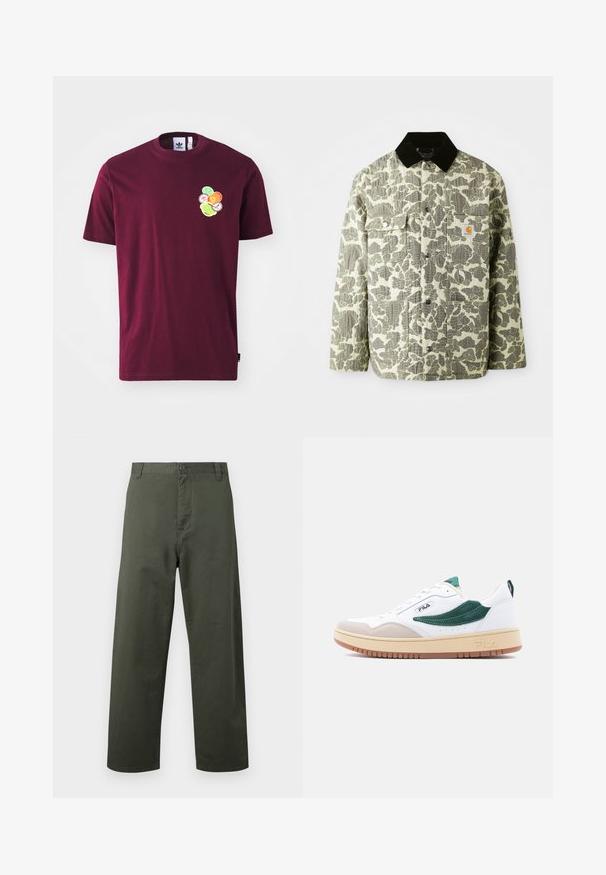 Jacke mit Camouflage-Muster aus grünem und grauem Stoff, mit einem schwarzen Cordkragen, zwei vorderen Taschen und einem Logopatch auf der Brust.; Bordeauxfarbendes Baumwoll-T-Shirt mit kurzen Ärmeln und Rundhalsausschnitt. Mit einem gestickten Grafikmotiv auf der linken Brust, das bunte, kreisförmige Designs umfasst.; Grüne Baumwollhose mit geradem Schnitt, mit Knopfverschluss vorne und seitlichen Taschen. Glatte Textur, einfacher Stil und keine sichtbaren Muster.; Weißer Sneaker mit niedrigem Schaft, grünem Wildlederakzent, beige Zehenkappe, cremefarbener Sohle und FILA-Logo an der Seite und auf der Sohle, im rechten Profil dargestellt.
