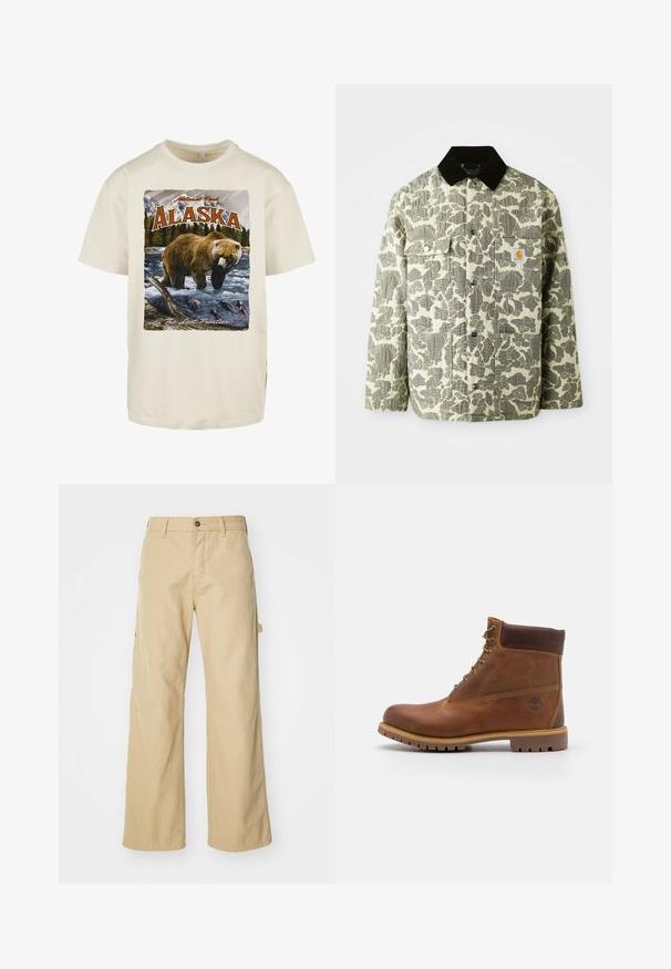 Chaqueta de camuflaje en tela verde y gris con un cuello de pana negro, que presenta dos bolsillos frontales y un parche de logo en el pecho.; Camiseta de algodón color crema con una impresión gráfica de un oso pardo en el agua, montañas y árboles, con "Alaska" y "La Última Frontera."; Pantalones cargo de pierna ancha en color beige con cierre de botón, que cuentan con bolsillos laterales, fabricados en resistente tejido de algodón, con textura suave y diseño de corte recto.; Botas de senderismo de cuero marrón con un acabado suave, tobillo acolchado, ojales de metal y suela de goma con un patrón de tracción robusto.