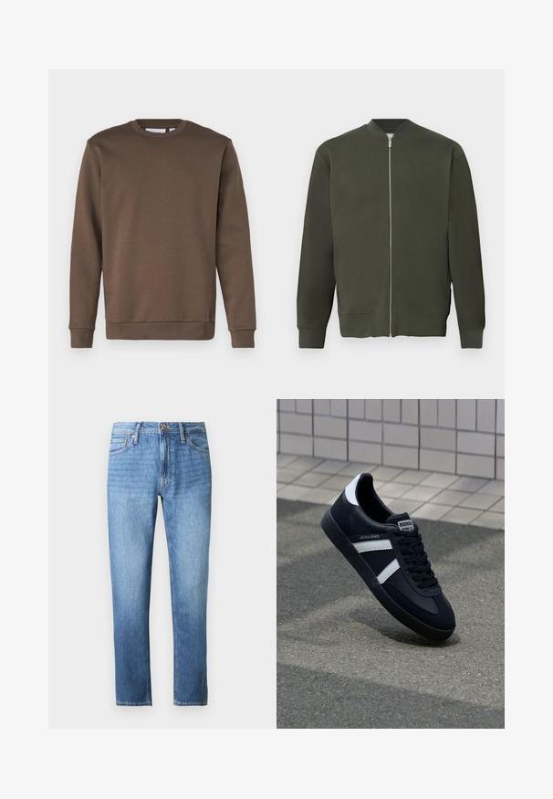 Grøn bomberjakke med fuld frontal lynlås, ribbede ærmer og kant. Har en glat tekstur og et minimalistisk design.; Only & Sons ONSCERES - Sweatshirt - major brown; Lyseblå denimjeans med en lige pasform, fem-lomme design og en taljebånd med knap- og lynlås lukning. Glat tekstur.; Sort lædersneaker med hvide striber, tekstureret gummisål og snørrebånd foran. Har et brandet mærke på tungen.