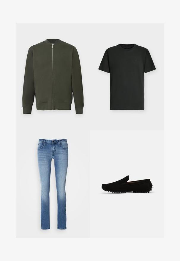 Grüne Bomberjacke mit durchgehendem Reißverschluss, gerippten Bündchen und Saum. Sie zeichnet sich durch eine glatte Textur und ein minimalistisches Design aus.; Schlichtes schwarzes T-Shirt mit kurzen Ärmeln und Rundhalsausschnitt, mit einem dezent gestickten Logo auf der oberen Brust vor hellem Hintergrund.; Helle blaue Denim-Jeans mit einem klassischen Fünf-Taschen-Design, geradem Bein und subtilen Ausbleichungen. Hergestellt aus weichem, strapazierfähigem Stoff.; Schwarze Wildleder Slipper mit einer leicht erhöhten, strukturierten Außensohle und einer Ziernaht entlang der Kanten, die ein klassisches Schlupfdesign aufweisen.
