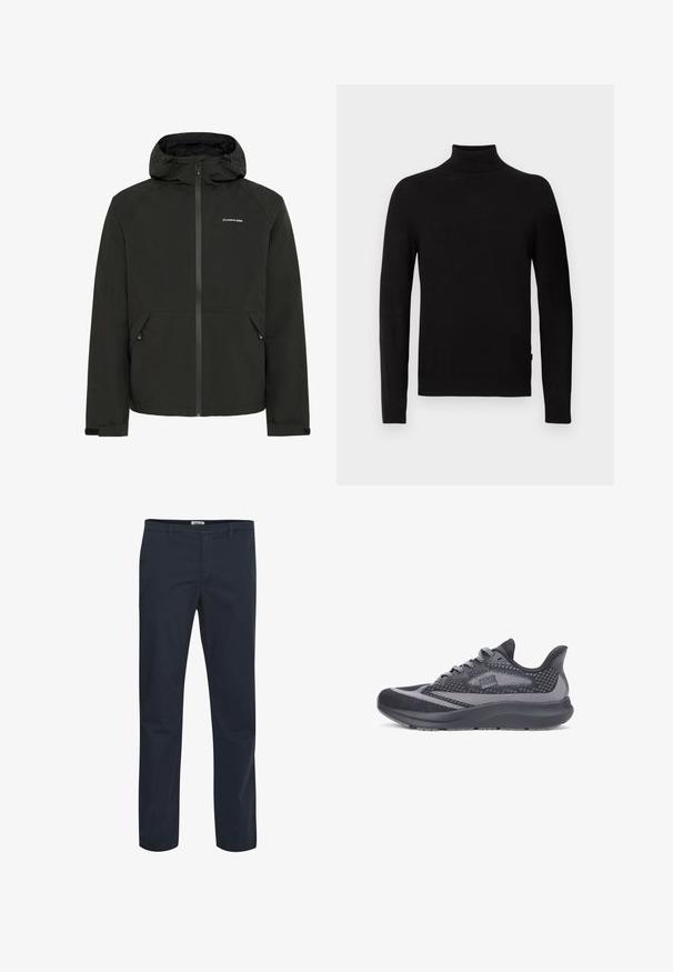 Chaqueta exterior negra con capucha, cierre frontal de cremallera, bolsillos laterales y puños ajustables. Fabricada con material impermeable, presenta un diseño minimalista.; Suéter negro de manga larga con cuello de tortuga, ribeteado en el cuello, los puños y el dobladillo, presentado sobre un fondo blanco.; Pantalones azul marino fabricados con tejido de mezcla de algodón. Presentan un diseño clásico con bolsillos frontales y cremallera. Textura suave.; Zapato deportivo negro y gris con parte superior de malla transpirable, detalles texturizados, suela acolchada y detalles de patrón en los laterales.