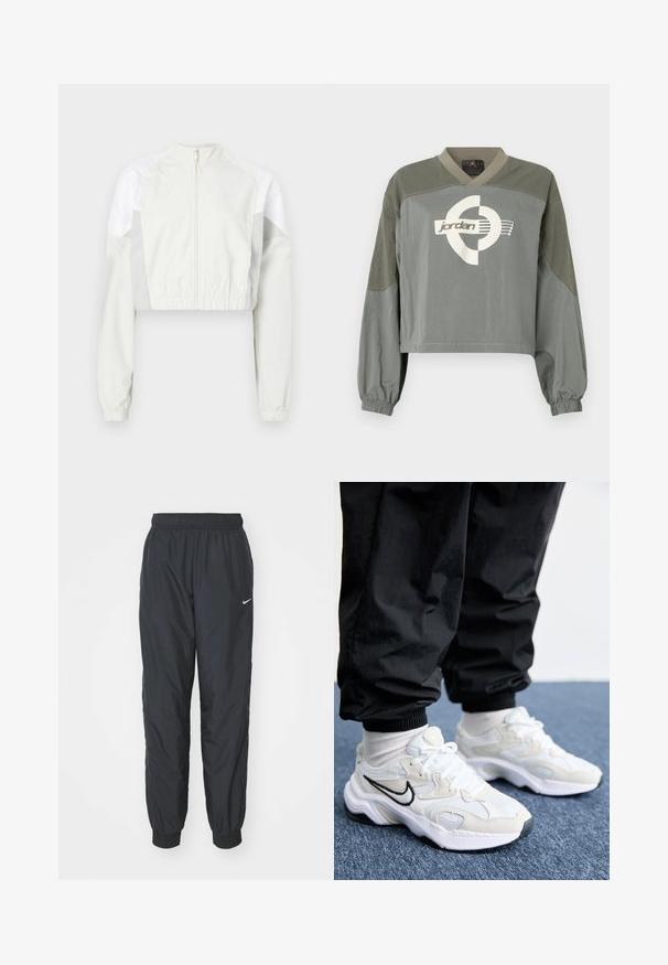 Chaqueta corta en gris claro con cremallera frontal. Presenta puños elásticos y paneles en blanco contrastante. Ligera, textura suave.; Sudadera cropped de manga larga con puños elásticos, bloques de color gris verdoso apagado, y logo blanco de Jordan centrado en el pecho.; Pantalones de chándal negros de Nike hechos de un tejido ligero, con una cinturilla y puños elásticos, y un pequeño logo blanco en la pierna izquierda.; Zapatillas deportivas blancas y de un gris claro con un upper texturizado, suela gruesa y logo Swoosh negro. Combinadas con pantalones jogger negros y calcetines blancos.