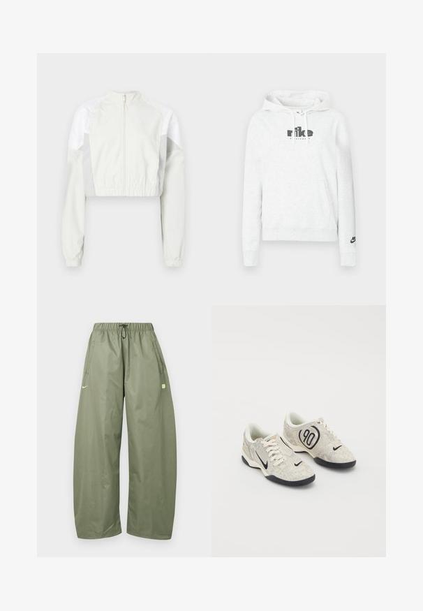 Chaqueta corta en gris claro con cremallera frontal. Presenta puños elásticos y paneles en blanco contrastante. Ligera, textura suave.; Sudadera gris claro con capucha en tela suave, con un gran logo negro de "nike" en el frente y un pequeño logo en la manga izquierda.; Pantalones de corte suelto en color verde oliva con cintura elástica, cordón ajustable, bolsillos laterales y un pequeño logo verde claro en el muslo izquierdo.; Zapatillas Nike con un upper texturizado en beige y gris, acentos negros, un gran logo de "90" y un cierre de cordones blancos. Suela negra.