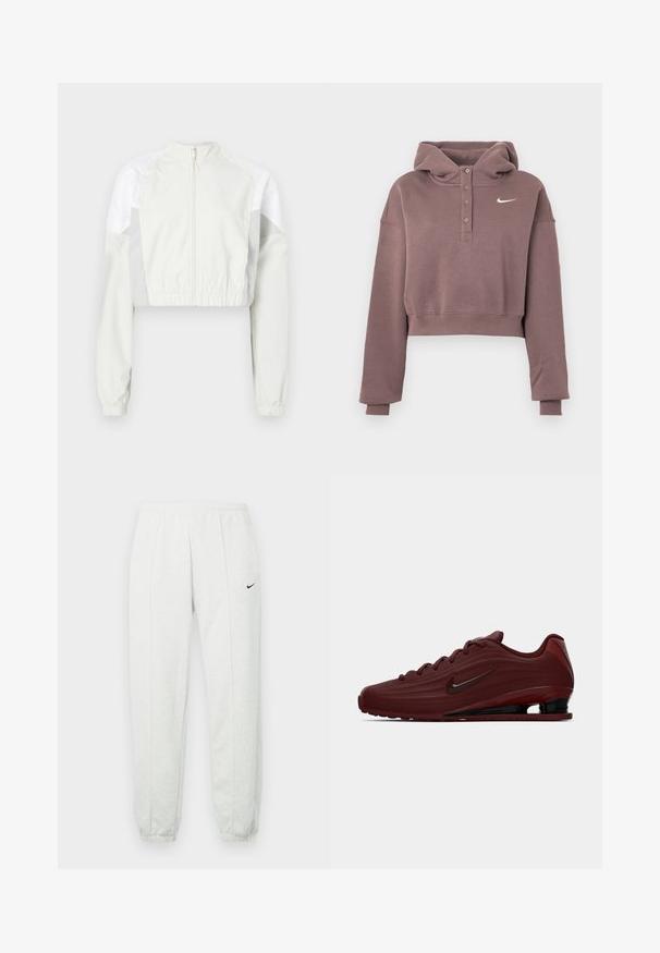 Chaqueta corta en gris claro con cremallera frontal. Presenta puños elásticos y paneles en blanco contrastante. Ligera, textura suave.; Sudadera corta de color malva con mangas largas, tapeta con botones, puños y dobladillo acanalados, y logo Nike swoosh blanco en el pecho.; Pantalones deportivos Nike de color gris claro con una cintura elástica, puños ajustados y un pequeño logo negro en el muslo izquierdo. Tela suave y texturizada.; Zapatilla Nike en color burdeos con acentos en la suela, cordones y logo swoosh en negro, mostrada en perfil lateral sobre fondo blanco.