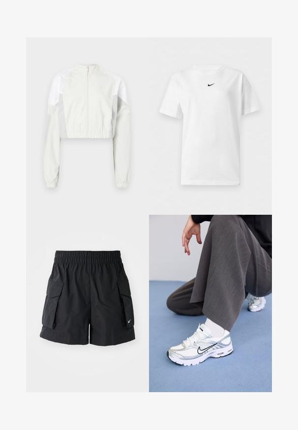 Kort jakke i lysegrå med lynlås foran. Har elastiske ærmegab og paneler i kontrastfarven hvid. Letvægt, glat tekstur.; Hvid t-shirt med korte ærmer og rund halsudskæring med et lille sort Nike Swoosh-logo centreret nær kraven.; Sorte cargo shorts lavet af let stof, med en elastisk talje, to sidelommer og et lille hvidt logo på kanten.; Hvide og sølv atletik sko med meshej og syntetiske materialer, der har sorte accentlinjer, snørebånd og strukturerede såler.