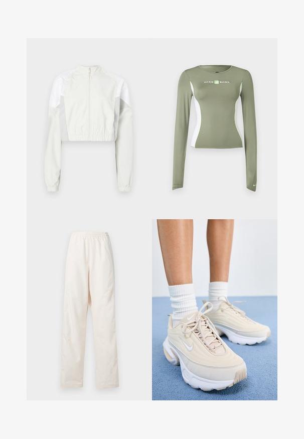 Kurze Jacke in Hellgrau mit durchgehendem Reißverschluss. Mit elastischen Bündchen und Einsätzen in kontrastierendem Weiß. Leicht und mit glatter Textur.; Olivgrünes Nike Shox Langarmshirt mit weißen Seitenteilen und neongrünen Akzenten, figurnahe Passform und kleinem Swoosh-Logo am Ärmelbündchen.; Locker sitzende, crèmefarbene Hose mit elastischem Bund und geradem Beinschnitt, vor einem einfarbigen weißen Hintergrund präsentiert.; Beige Sportschuhe mit einem strukturierten Obermaterial, weißen Schnürsenkeln und einer dicken weißen Sohle. Das Design verfügt über dezente Kurven und ein kleines Logo.