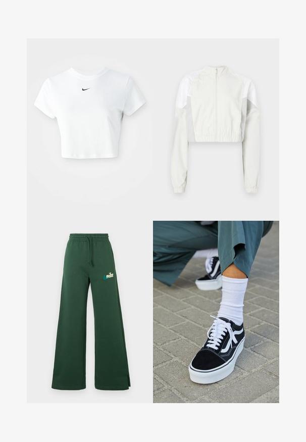 Kort jakke i lysegrå med lynlås foran. Har elastiske ærmegab og paneler i kontrastfarven hvid. Letvægt, glat tekstur.; Hvid kortærmet t-shirt lavet af bomuld, med korte ærmer og rund halsudskæring, og med et sort Nike-logo på brystet.; Mørkegrønne brede sweatpants med elastisk talje, snøre, sidelommer og en teal broderet Nike-logo på venstre lår.; Sorte ruskinds sneakers med hvide accenter og snørebånd, der har en tyk hvid sål og kontrasterende syninger, parret med en hvid sok.