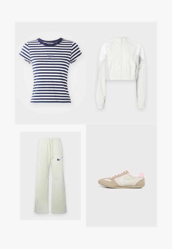 Chaqueta corta en gris claro con cremallera frontal. Presenta puños elásticos y paneles en blanco contrastante. Ligera, textura suave.; Camiseta de rayas azul marino y blanca, mezcla de algodón, con mangas cortas y cuello redondo, que presenta un pequeño logo de Nike bordado en el frente.; Pantalones de chándal color crema hechos de una mezcla de algodón, con un ajuste relajado, cinturilla elástica con cordón y un logo de Nike en navy en la parte delantera.; Zapatilla de perfil bajo en beige y blanco con detalles y cordones rosas, con un gran logo blanco de swoosh en el lateral.