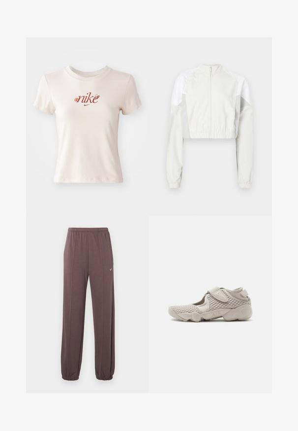 Korte jas in lichtgrijs met rits aan de voorkant. Voorzien van elastische manchetten en panelen in contrasterend wit. Lichtgewicht, met een gladde textuur.; Beige T-shirt met korte mouwen van katoen, voorzien van een rood "nike" logo met bloemaccenten en een ronde hals.; Bruine sweatpants met elastische tailleband, zijnaad, elastische boorden en een klein wit Nike-logo op de bovenste linkerdij.; Licht beige sportschoen met mesh bovenwerk, verstelbare riem en gevoerde zool met label "AIR", zijaanzicht op witte achtergrond.
