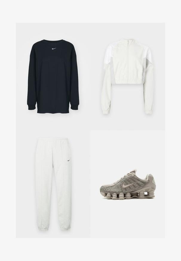 Chaqueta corta en gris claro con cremallera frontal. Presenta puños elásticos y paneles en blanco contrastante. Ligera, textura suave.; Camiseta negra de manga larga hecha de algodón con cuello redondo. Presenta un logo blanco de Nike en el pecho. Textura suave, diseño sencillo.; Pantalones deportivos Nike de color gris claro con una cintura elástica, puños ajustados y un pequeño logo negro en el muslo izquierdo. Tela suave y texturizada.; Zapatilla Nike Shox beige clara con suela acolchada visible en forma de columna y detalles en malla en la parte superior.