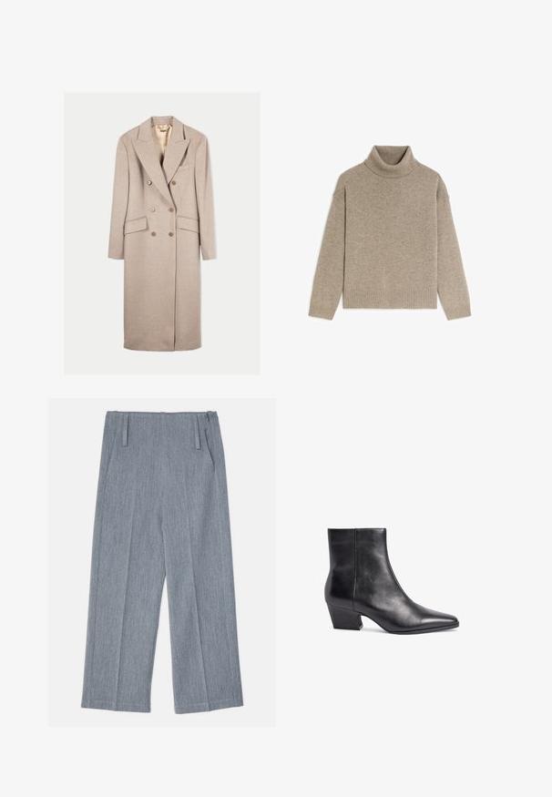 Beiger doppelt geknöpfter Wollmantel mit breiten Revers, langen Ärmeln, zwei vorderen Pattentaschen und Knopfverschlüssen.; Rodier TURTLENECK - Strickpullover - taupe; Hellgraue, weit geschnittene Hosen aus strukturiertem Stoff, mit zwei vorderen Falten und zwei Seitentaschen. Sauberes, maßgeschneidertes Design.; Schwarze Lederankelstiefel mit spitzer Zehe, mittlerem Blockabsatz und glatter Textur. Bietet ein minimalistisches Design ohne sichtbare Beschläge.