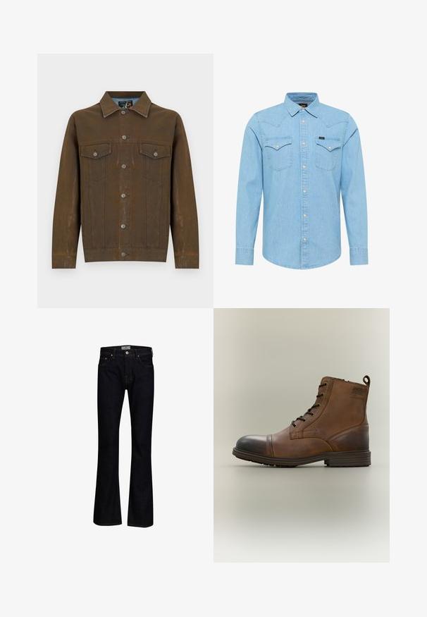 Bruine, gestructureerde jas met een kraag, twee borstzakken en een knoopsluiting aan de voorkant. Gemaakt van duurzaam materiaal met zichtbare stiksels.; Lichtblauw denim overhemd met lange mouwen, knoopsluiting, twee achterzakken met knoop, puntige kraag en klein Lee-logo op de linkerzak.; Donkerblauwe flare jeans van denim met een gladde textuur. Beschikt over vijf zakken, messing hardware en contrasterende stiksels.; Bruine leren enkellaars met veters, zwarte neuskap, ronde zool en merkdetail aan de zijkant tegen een effen achtergrond.