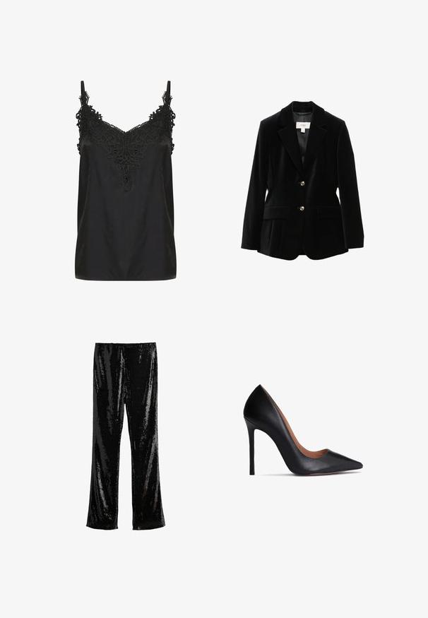 Sort fløjlsjakke med notched lapels, to forlommer og guldtonede knapper. Har en glat foring og en skræddersyet pasform.; Sort cami med v-hals og intrikate blonderdetaljer ved udskæringen. Har spaghetti-stropper og et glat, let stof.; Next SEQUIN - Bukser - black; Sort læder højhælede sko med spids tå og glat overflade. Har en slank stiletto-hæl og hævet svangdesign.