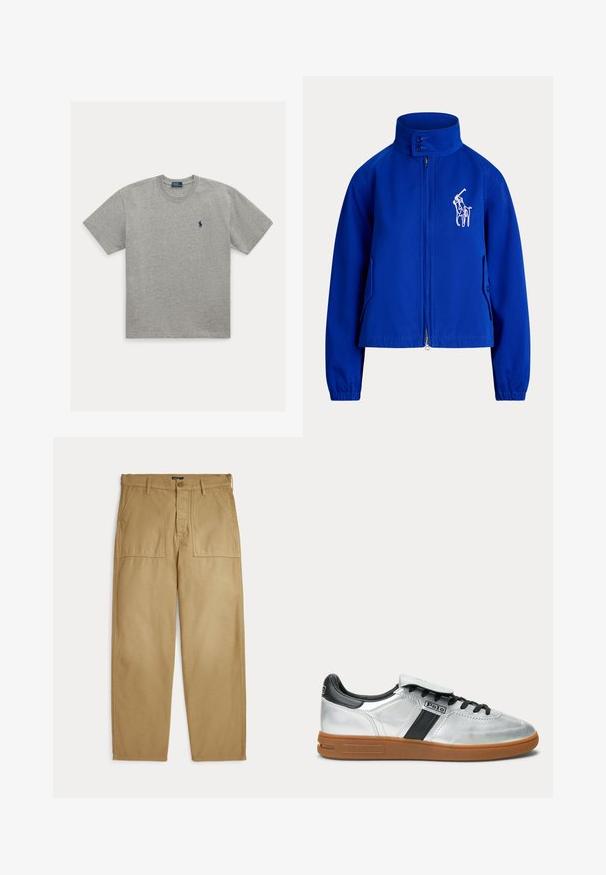 Blaues Reißverschluss-Jacke mit hohem Kragen und weiß gesticktem Polo-Spieler-Logo auf der linken Brust, mit geknöpften Taschen und elastischen Bündchen.; Hellgraues T-Shirt mit kurzen Ärmeln und Rundhalsausschnitt mit kleinem dunkelblau besticktem Polospieler-Logo auf der linken Brust.; Beige gerade geschnittene Hose mit vorderen aufgesetzten Taschen, Gürtelschlaufen und Knopf- sowie Reißverschluss.; Silberner Sneaker mit niedrigem Schaft, schwarzem Streifen und Schnürsenkeln, hellbrauner Gummisohle sowie Polo-Logo an der Seite und am Fersenkragen.